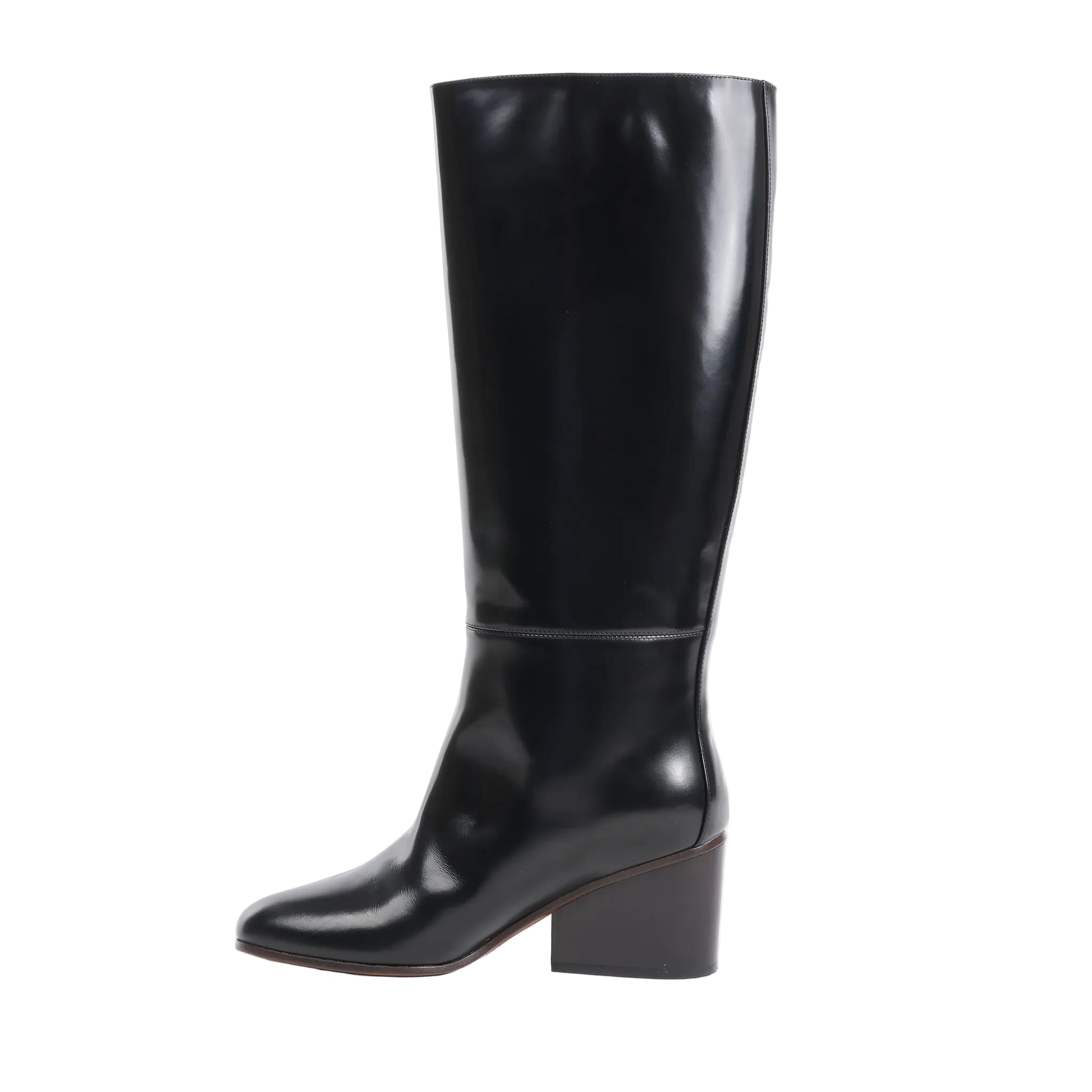 Side view of a black Hermès New Jersey knee-high leather boot in size 38 EU, showcasing a smooth, glossy finish with a mid-height block heel and minimalist stitching on a white background.