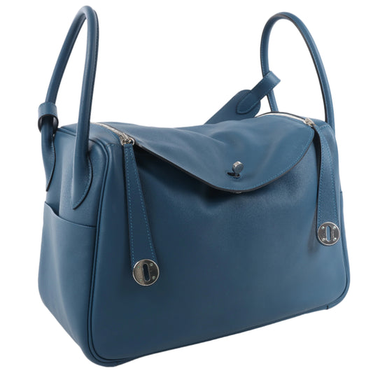 Hermes Lindy 34 Veau Swift Blue de galice Silberne Metallbeschläge 2-Wege-Handtasche □R: 2014