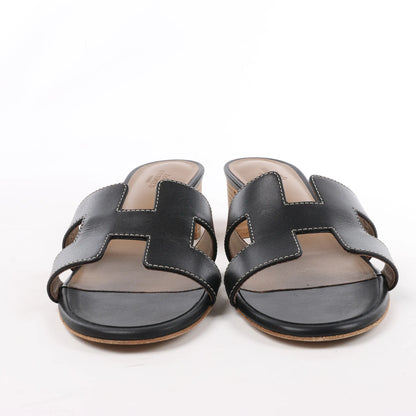 HERMES OASIS Leather Sandals in Black, Size 37.5 EU