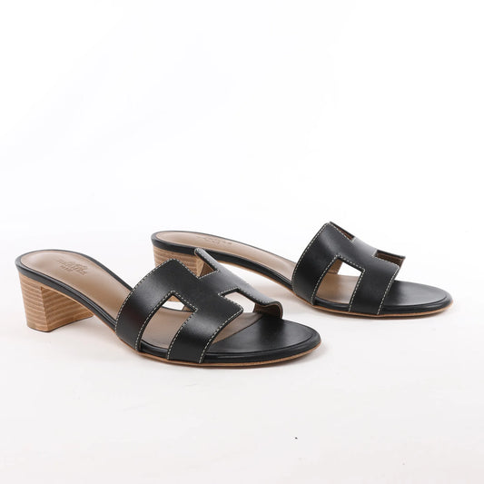 HERMES OASIS Leather Sandals in Black, Size 37.5 EU