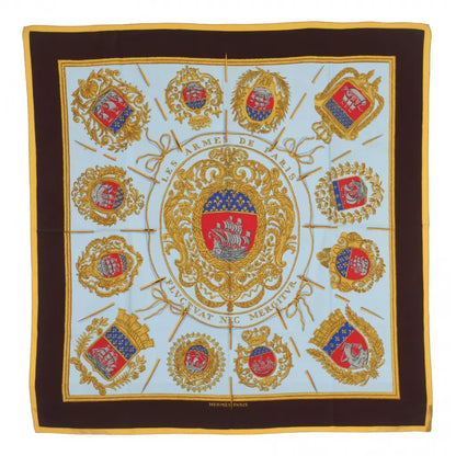 Hermès Carré 90 "Les Armes de Paris" 100% Silk Scarf in Brown and Blue