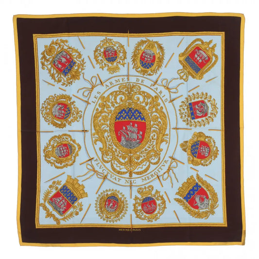 Hermès Carré 90 "Les Armes de Paris" 100% Silk Scarf in Brown and Blue