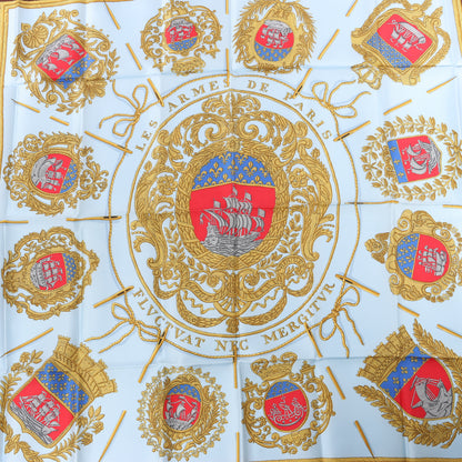 Hermès Carré 90 "Les Armes de Paris" 100% Silk Scarf in Brown and Blue