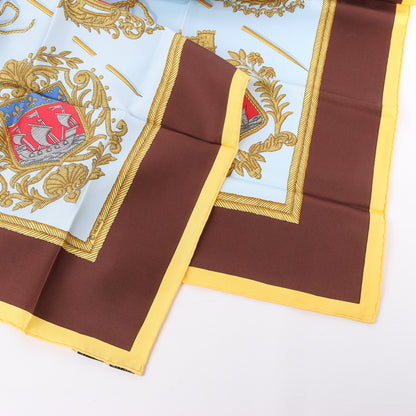 Hermès Carré 90 "Les Armes de Paris" 100% Silk Scarf in Brown and Blue