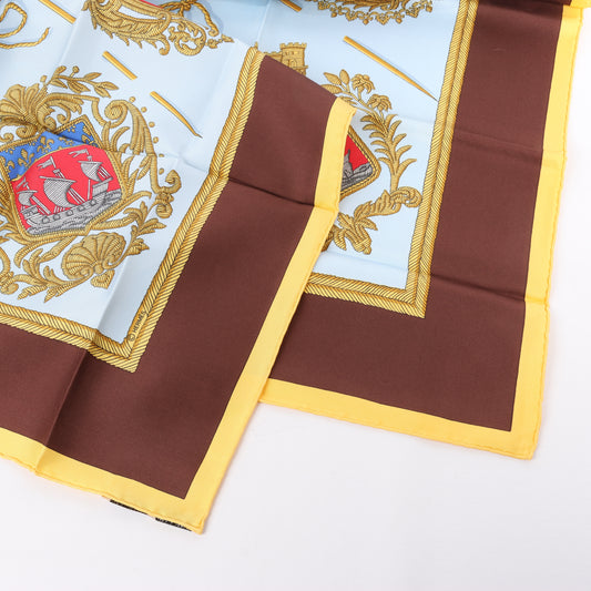 Hermès Carré 90 "Les Armes de Paris" 100% Silk Scarf in Brown and Blue
