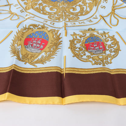 Hermès Carré 90 "Les Armes de Paris" 100% Silk Scarf in Brown and Blue