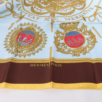 Hermès Carré 90 "Les Armes de Paris" 100% Silk Scarf in Brown and Blue