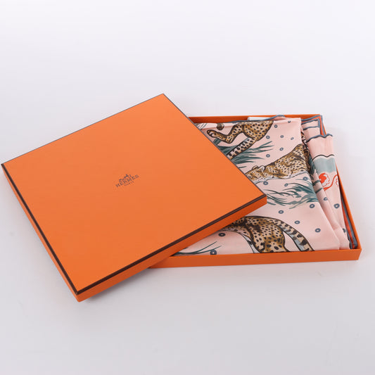 Hermès Double Face 90 "Cheetah Bandana" 100% Silk Scarf in Pink x Orange