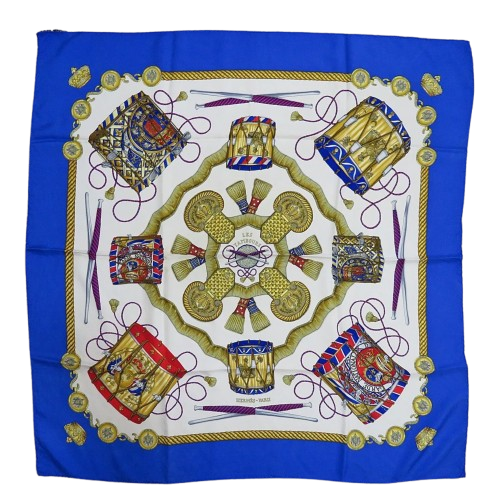 Hermès Carré 90 "LES TAMBOURS" 100% Silk Scarf in Blue