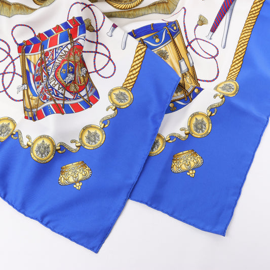 Hermès Carré 90 "LES TAMBOURS" 100% Silk Scarf in Blue