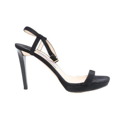 Jimmy Choo Satin Minny Sandalen mit Knöchelriemen in Schwarz, Größe 38,5 EU