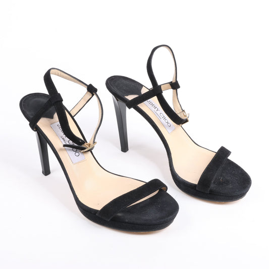 Jimmy Choo Satin Minny Ankle Strap Sandals in Black, Size 38.5 EU