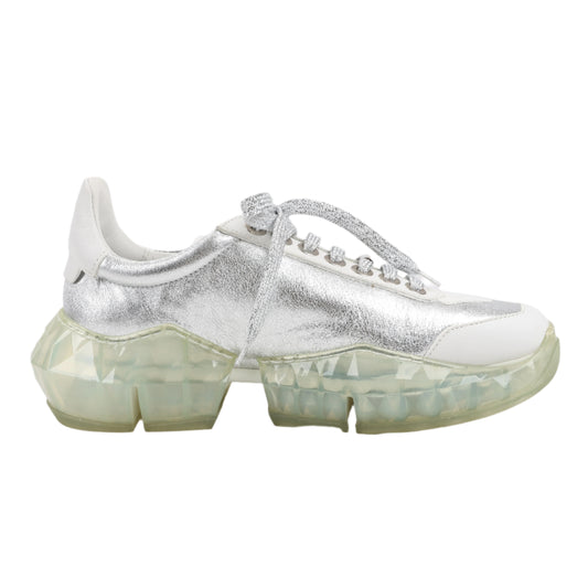 Jimmy Choo Diamond Leder-Sneaker in Weiß x Silber, Größe 38 EU