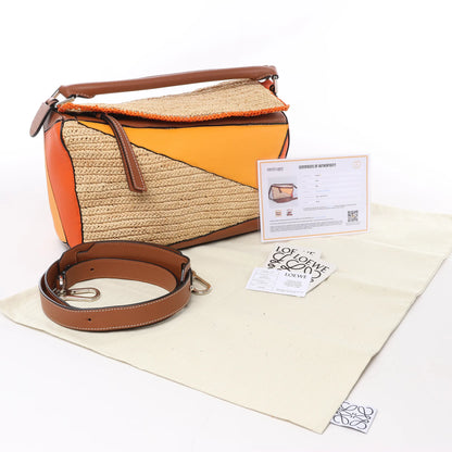 LOEWE Puzzle Medium Raffa x Leder 2Way Handtasche in Orange x Braun x Beige