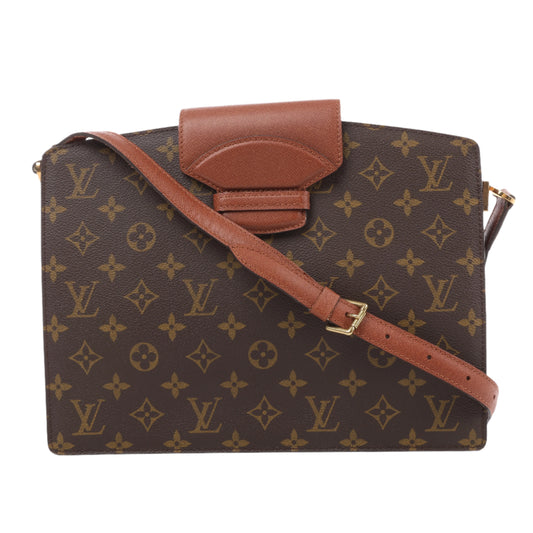 Louis Vuitton Monogram Courcelle shoulder bag with a brown monogram canvas, tan leather details, and an adjustable shoulder strap.