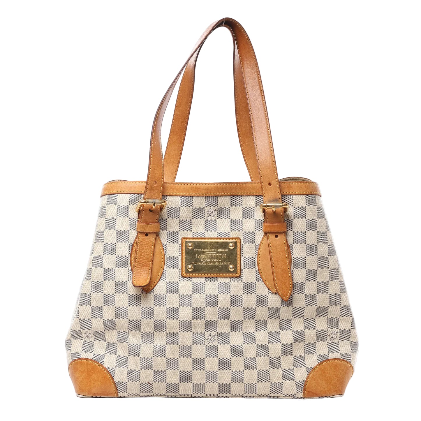 Front view of Louis Vuitton Damier Azur Hampstead MM handbag N51206 in cream and blue checkered coated canvas, featuring natural leather trim and handles, gold-tone nameplate, and structured silhouette against a white background.