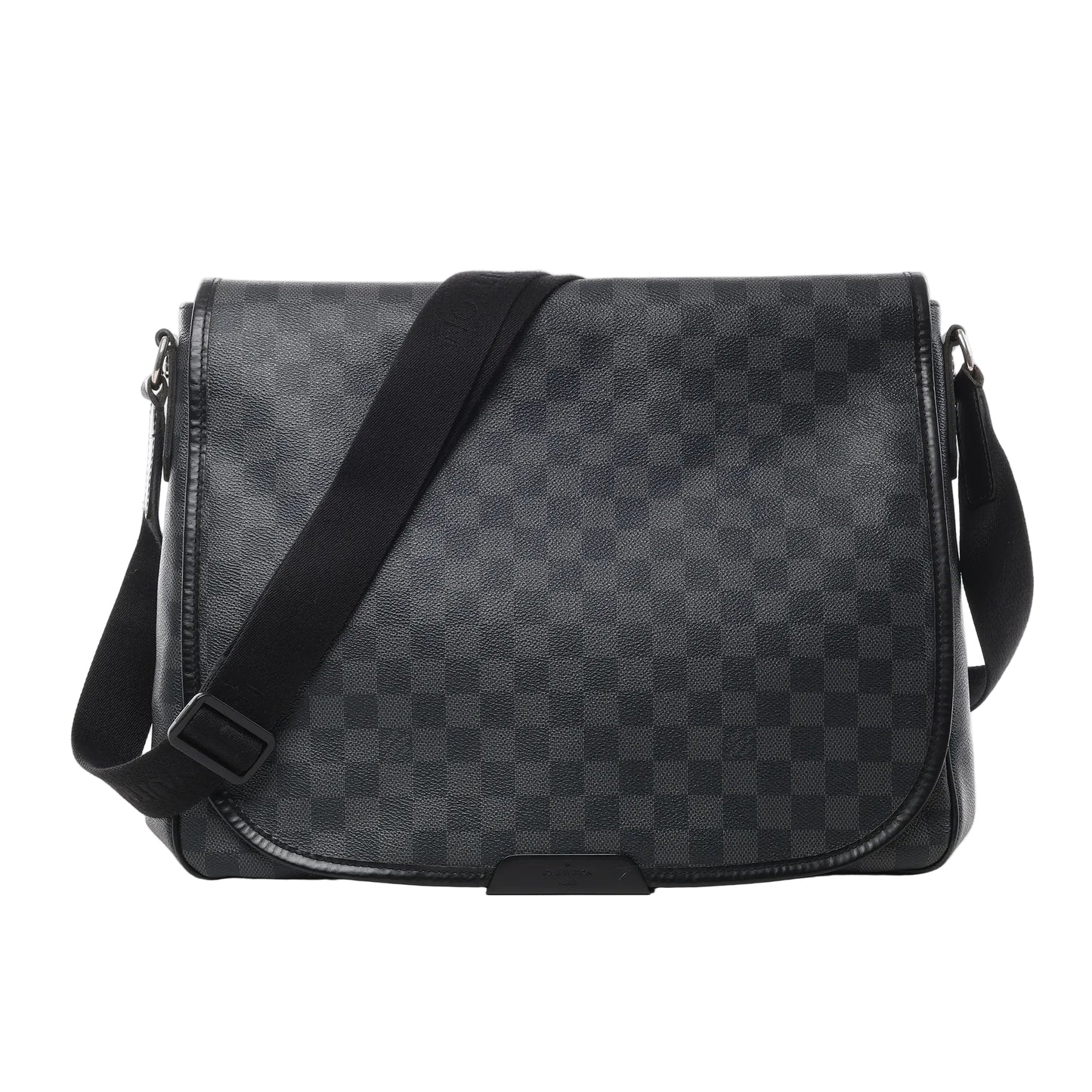 Front view of Louis Vuitton Damier Graphite Daniel MM Shoulder Bag N58029 in black checkered coated canvas, featuring flap closure, adjustable black fabric shoulder strap, and leather trim against a white background.