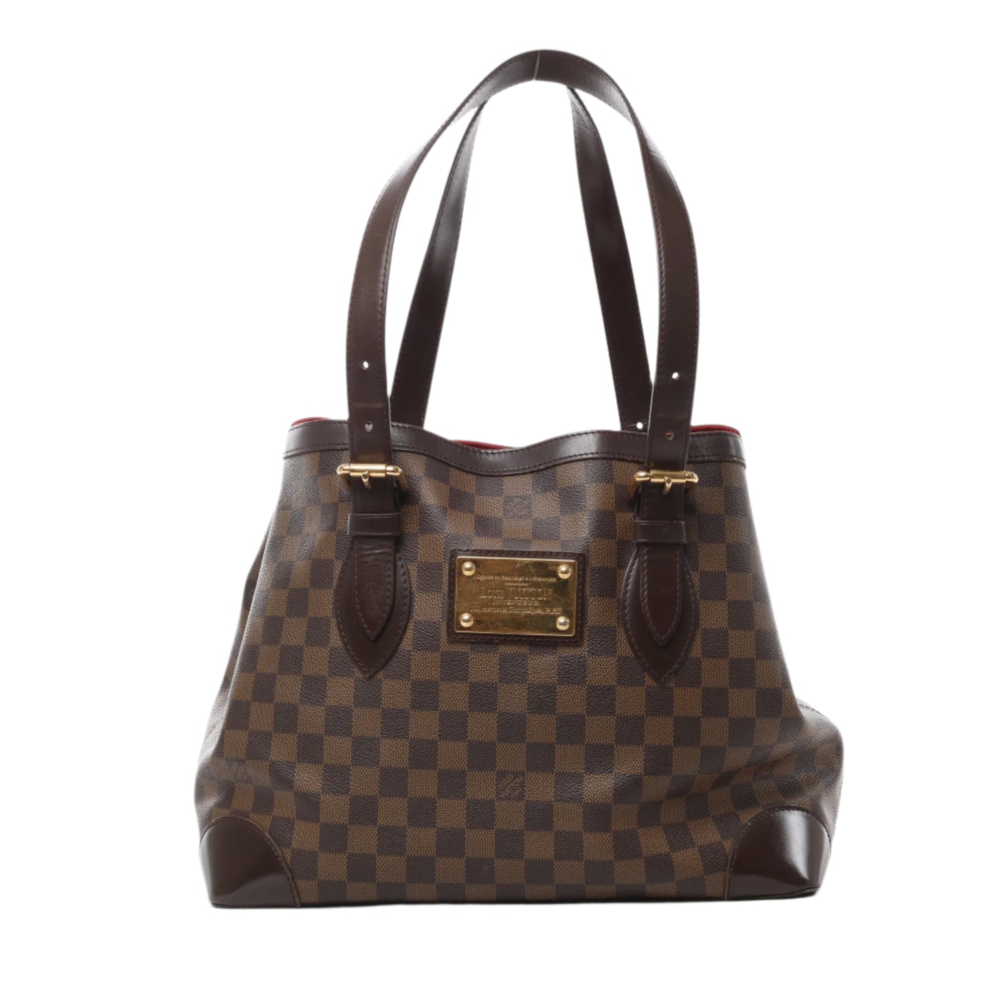 Front view of Louis Vuitton Damier Ebene Hampstead MM handbag N51204, featuring brown checkered coated canvas, dark brown leather trim and handles, gold-tone nameplate, and red interior lining against a white background.