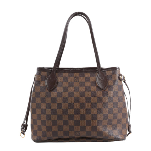 Brown checkered handbag with a visible brand logo on a white background