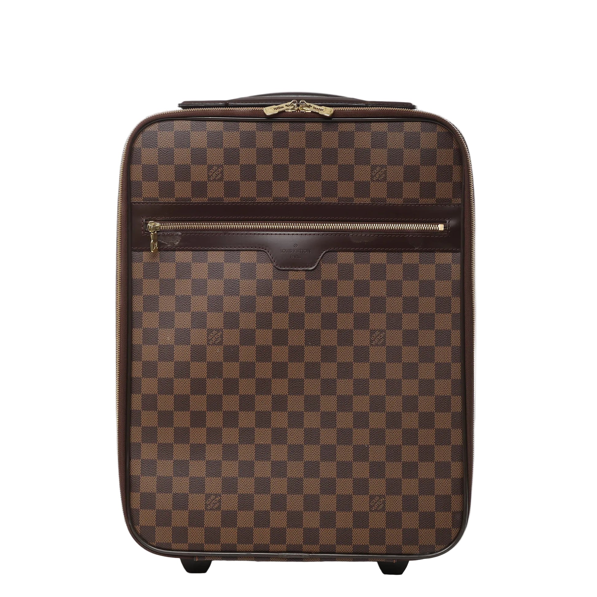 Front view of Louis Vuitton Damier Pégase 45 suitcase N23293 in brown checkered coated canvas, featuring dark brown leather trim, front zip pocket, gold-tone hardware, and two rolling wheels against a white background