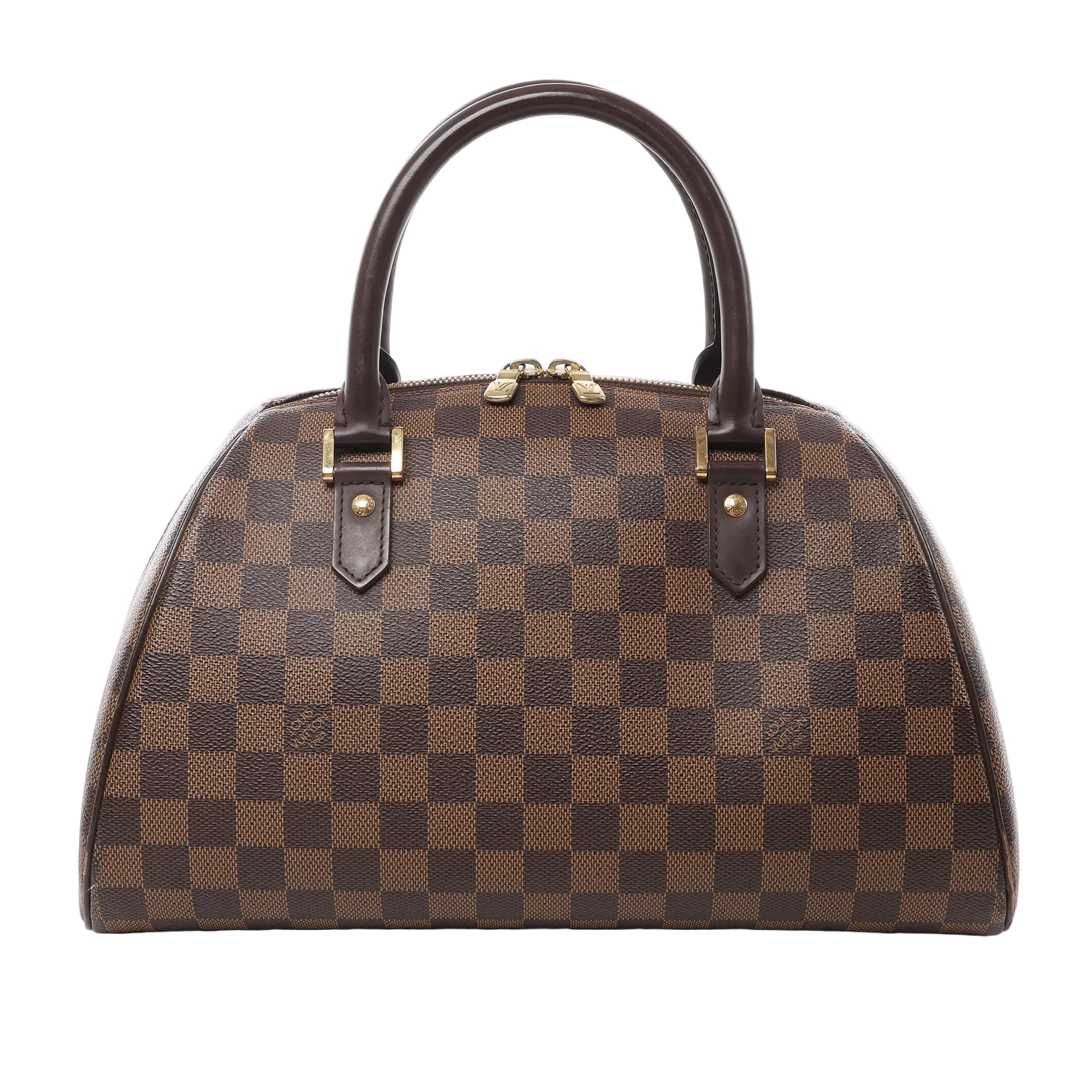 Front view of Louis Vuitton Damier Ebene Ribera MM travel bag N41434 in brown checkered coated canvas, with dark brown leather handles and trim, gold-tone hardware, and structured dome-shaped silhouette against a white background.