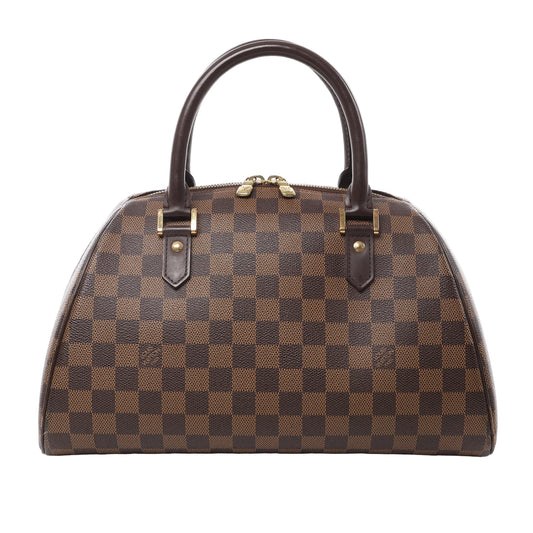 Front view of Louis Vuitton Damier Ebene Ribera MM travel bag N41434 in brown checkered coated canvas, with dark brown leather handles and trim, gold-tone hardware, and structured dome-shaped silhouette against a white background.