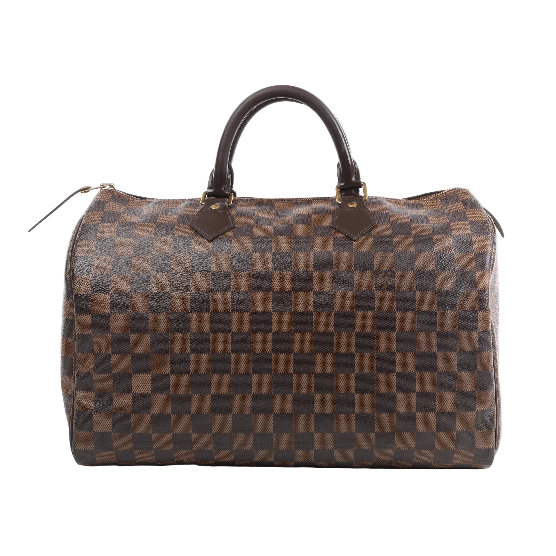 Louis Vuitton Damier Ebene Speedy 35 handbag in brown checkered coated canvas with dark brown leather top handles, gold-tone hardware, and structured silhouette.