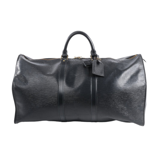 Black leather duffel bag on a white background