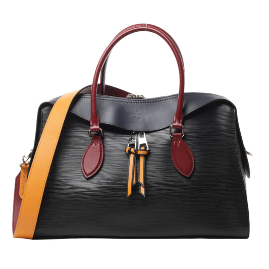 Front view of Louis Vuitton Epi Leather Tuileries 2Way Handbag M54387 in black with burgundy top handles, navy trim, mustard leather shoulder strap, and silver-tone hardware, displayed against a white background.