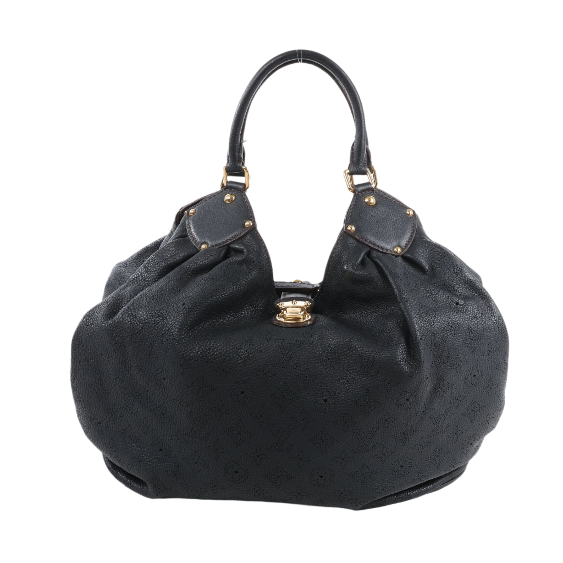 Black handbag with gold accents on a white background