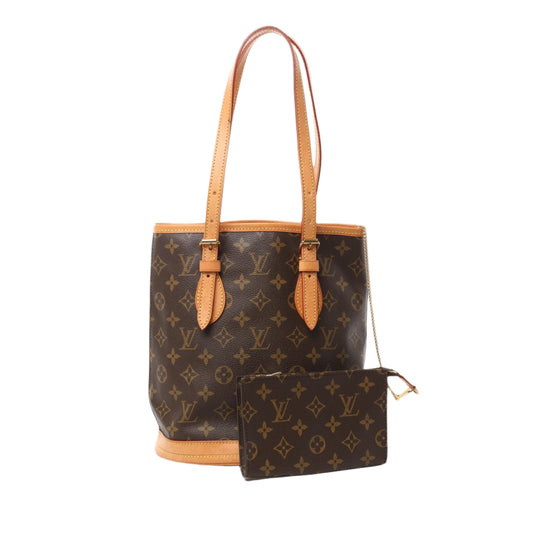 Front view of Louis Vuitton Monogram Canvas Bucket PM Shoulder Bag M42238 with natural leather trim and long straps, shown with matching detachable monogram pouch, displayed against a white background.