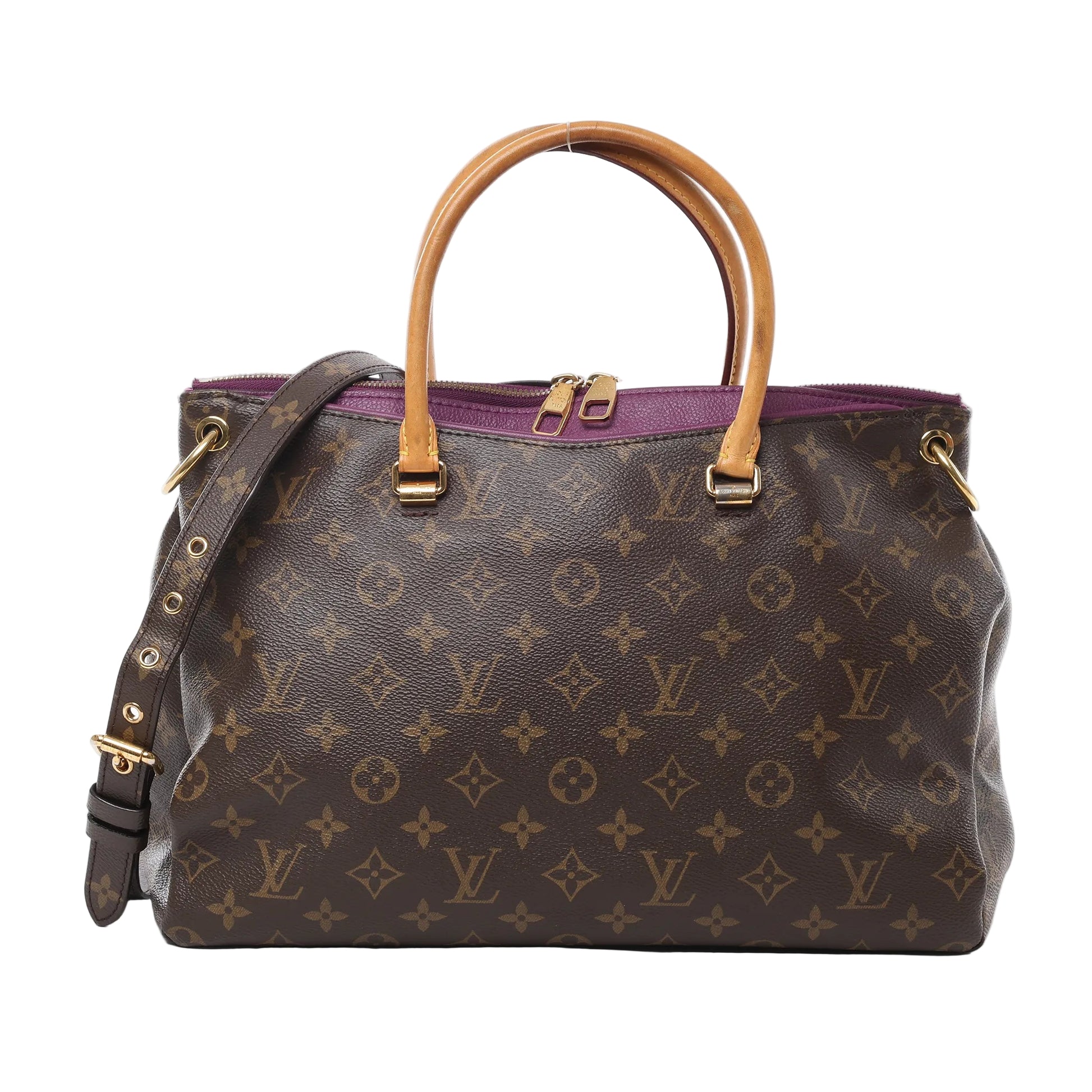 Front view of Louis Vuitton Monogram Pallas MM 2Way Handbag M41059 in brown monogram coated canvas with purple trim, featuring natural leather top handles, gold-tone hardware, and detachable shoulder strap against a white background.