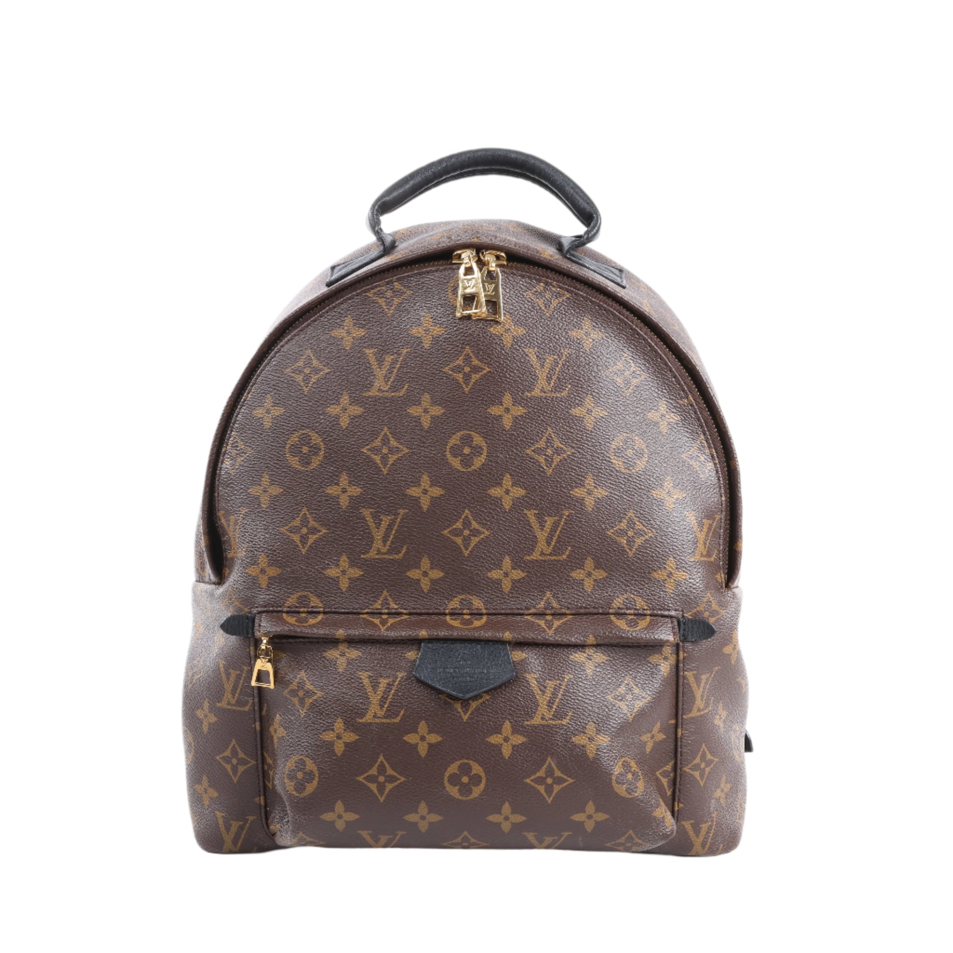 Brown backpack with monogram pattern on a white background