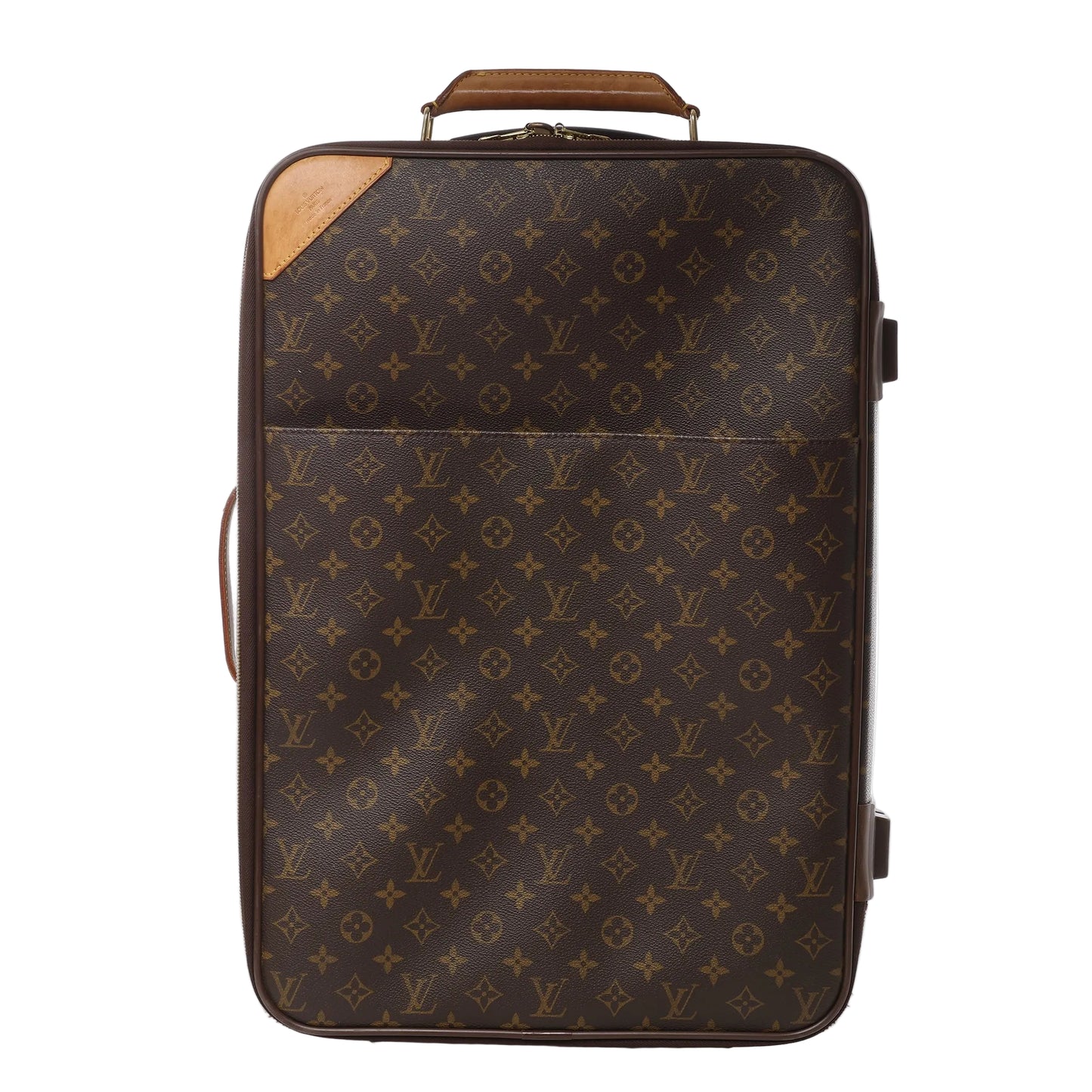 Front view of Louis Vuitton Monogram Pegase 55 suitcase M23294 in brown monogram coated canvas, featuring natural leather accents, top handle, front pocket, and two rolling wheels against a white background.
