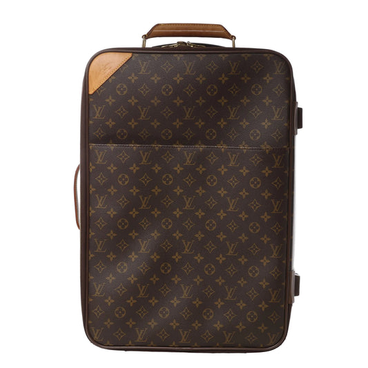 Front view of Louis Vuitton Monogram Pegase 55 suitcase M23294 in brown monogram coated canvas, featuring natural leather accents, top handle, front pocket, and two rolling wheels against a white background.