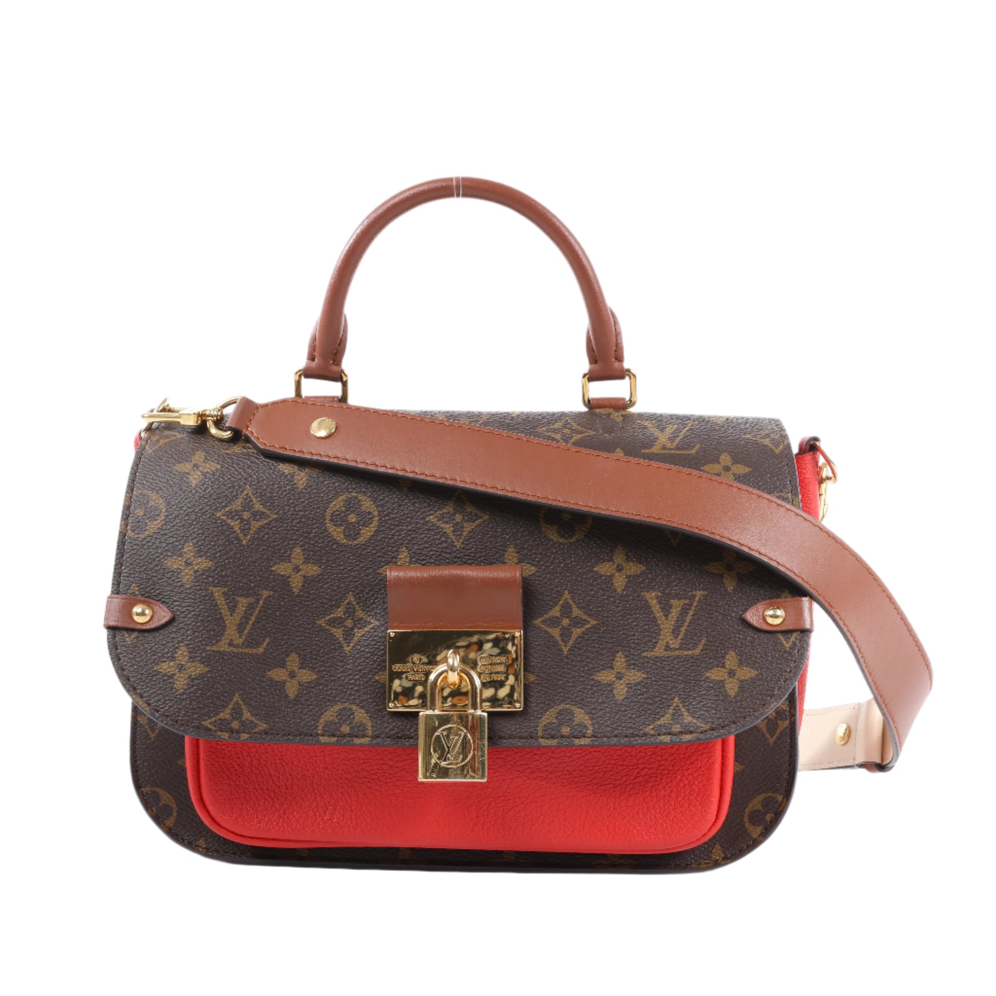 Designer handbag with monogram pattern and red interior on a white background