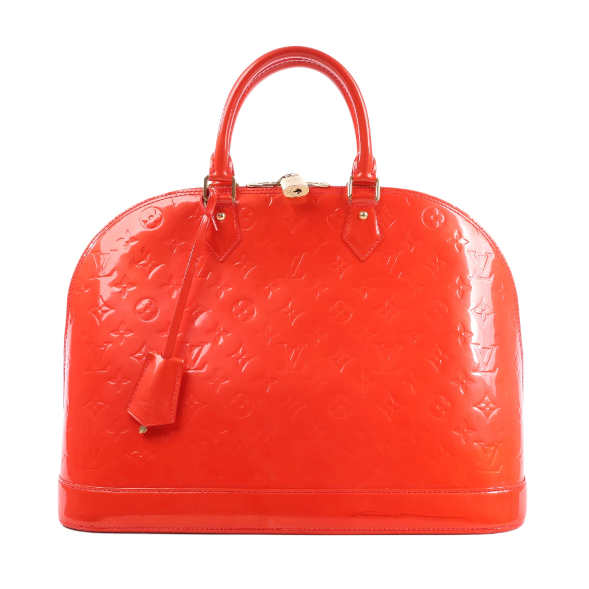 Red handbag with a brand logo on a white background
