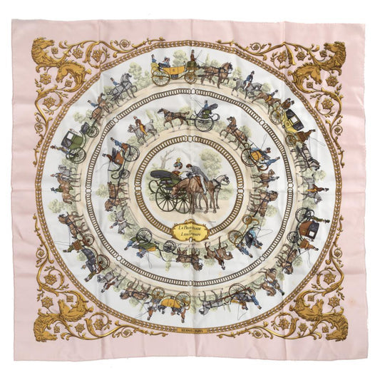 Hermes Carré 90 "LA PROMENADE DE LONGCHAMPS" 100% Silk Scarf in Pink