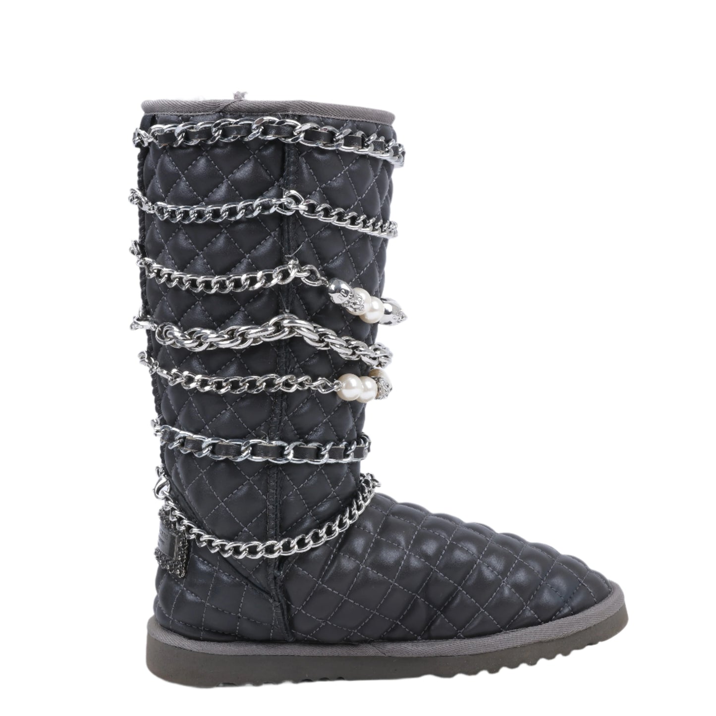 Philipp Plein Lederstiefeletten, Silberfarbene Metall-Accessoires mit Totenkopfketten, Größe 37 EU