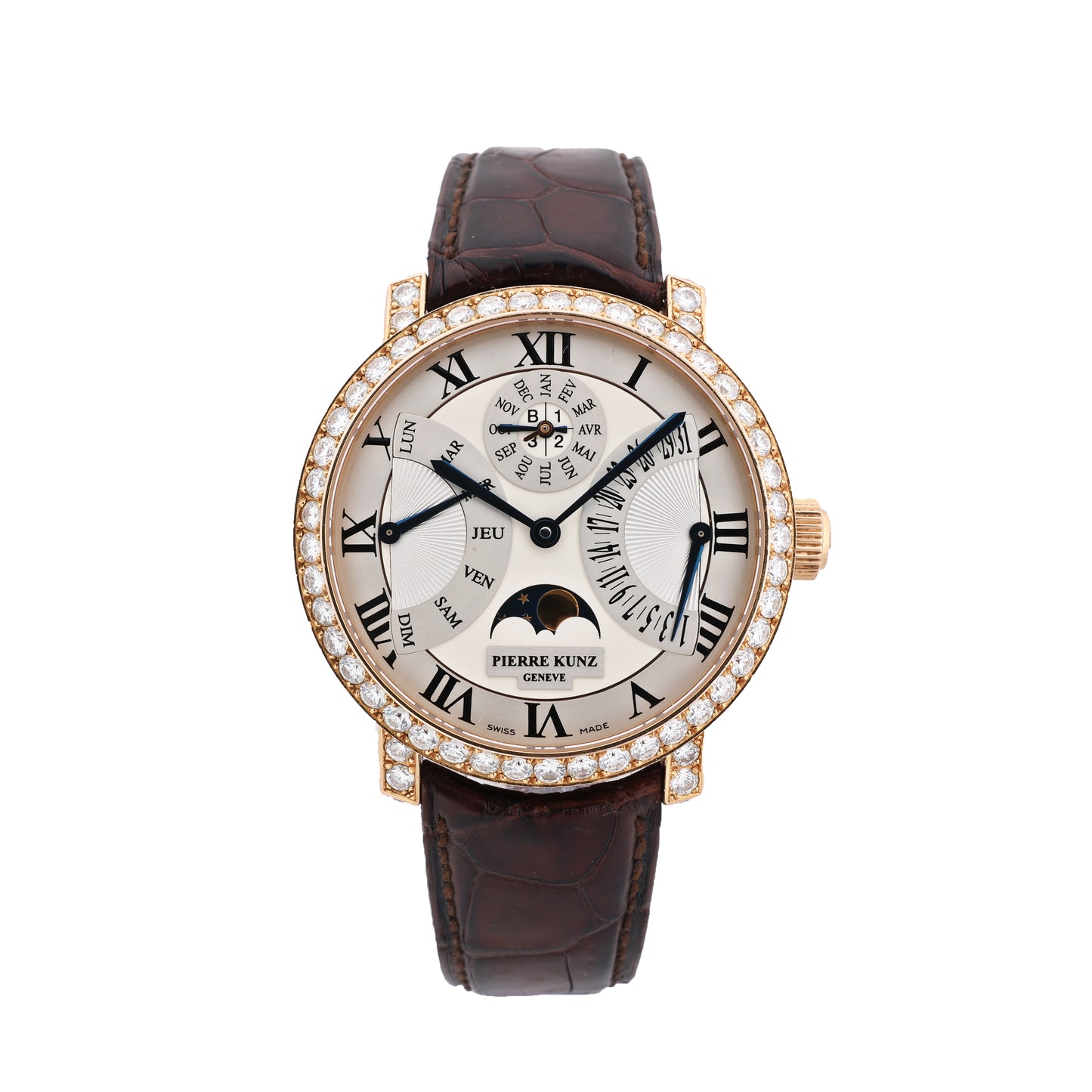 Pierre Kunz Ewiger Kalender PKA 003 QPR Leder x RG, Diamanten AT Uhr mit silbernem Zifferblatt