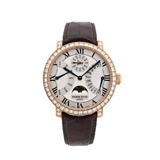 Pierre Kunz Ewiger Kalender PKA 003 QPR Leder x RG, Diamanten AT Uhr mit silbernem Zifferblatt