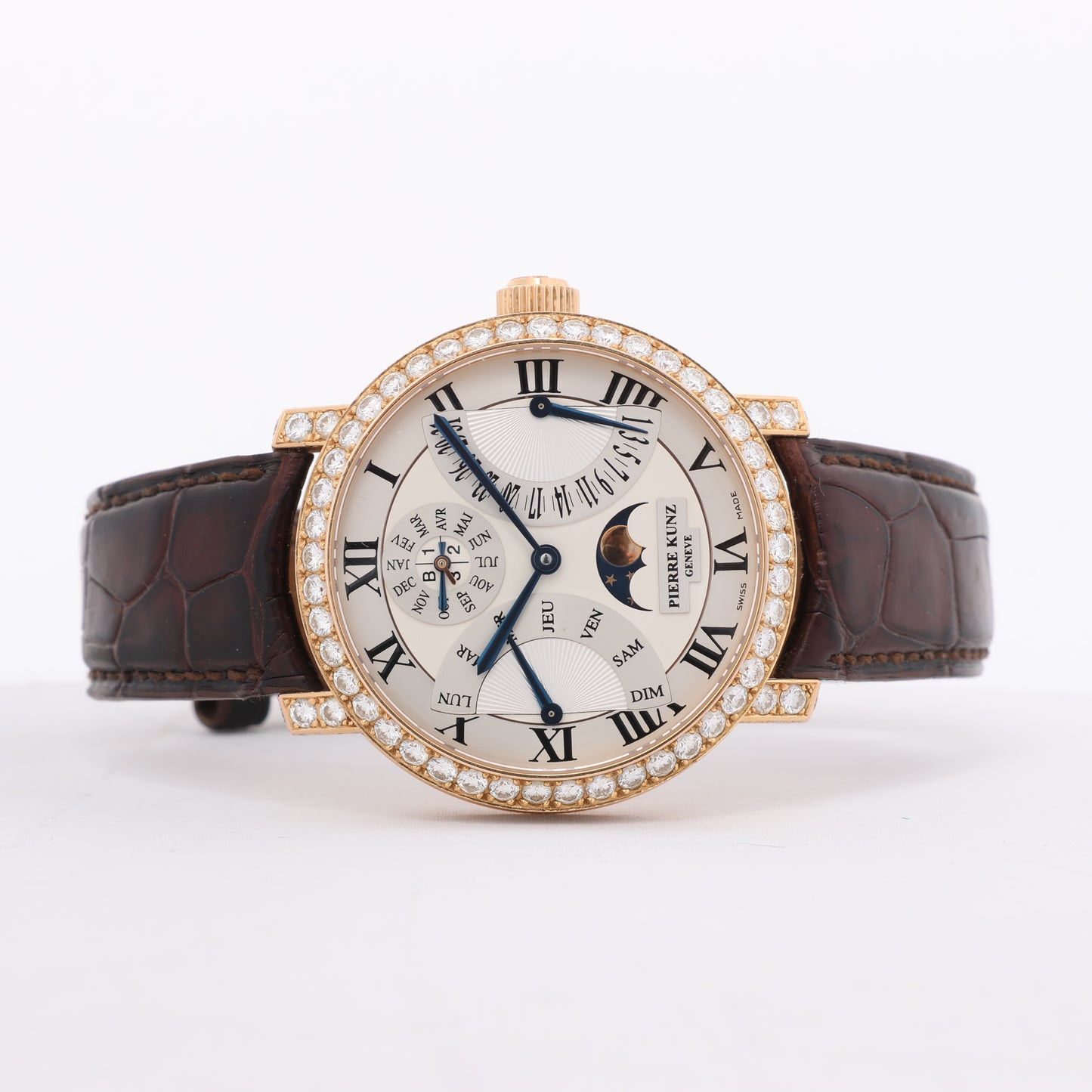 Pierre Kunz Ewiger Kalender PKA 003 QPR Leder x RG, Diamanten AT Uhr mit silbernem Zifferblatt