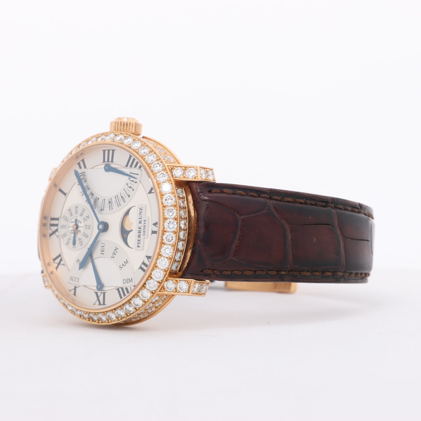 Pierre Kunz Ewiger Kalender PKA 003 QPR Leder x RG, Diamanten AT Uhr mit silbernem Zifferblatt