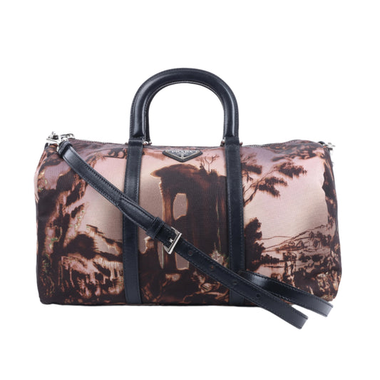 Sac à main Prada en nylon et cuir imprimé, double sens, noir et violet, BL0922