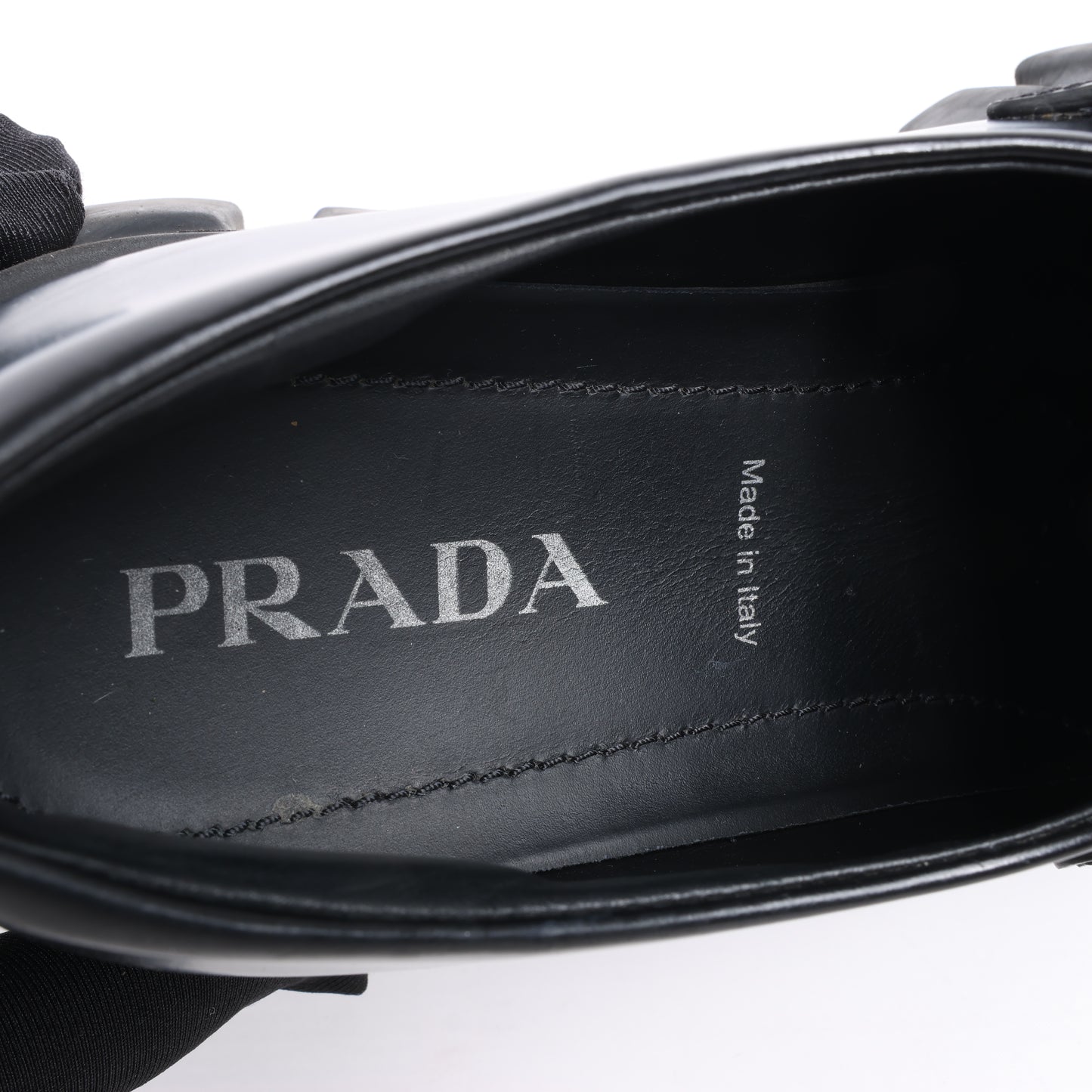 PRADA Spazzolato Triangle Logo Monolith Pointy 55mm Loafers in Black, Size 38.5 EU
