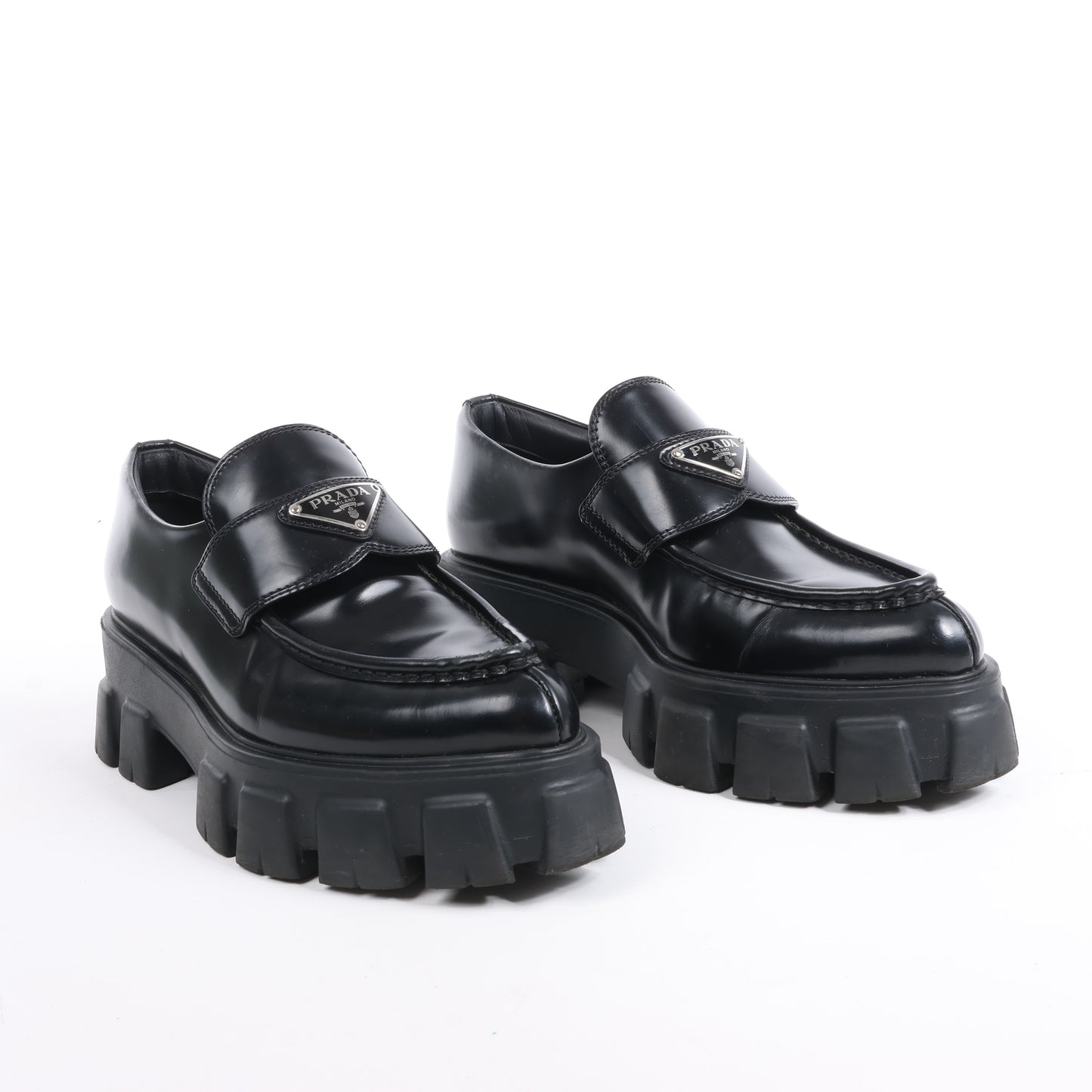 PRADA Spazzolato Triangle Logo Monolith Pointy 55mm Loafers in Black, Size 38.5 EU