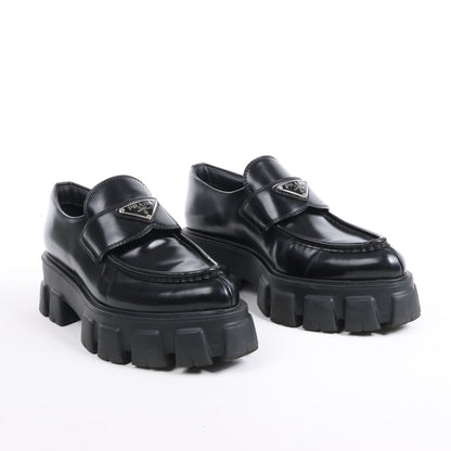 PRADA Spazzolato Triangle Logo Monolith Pointy 55mm Loafers in Black, Size 38.5 EU