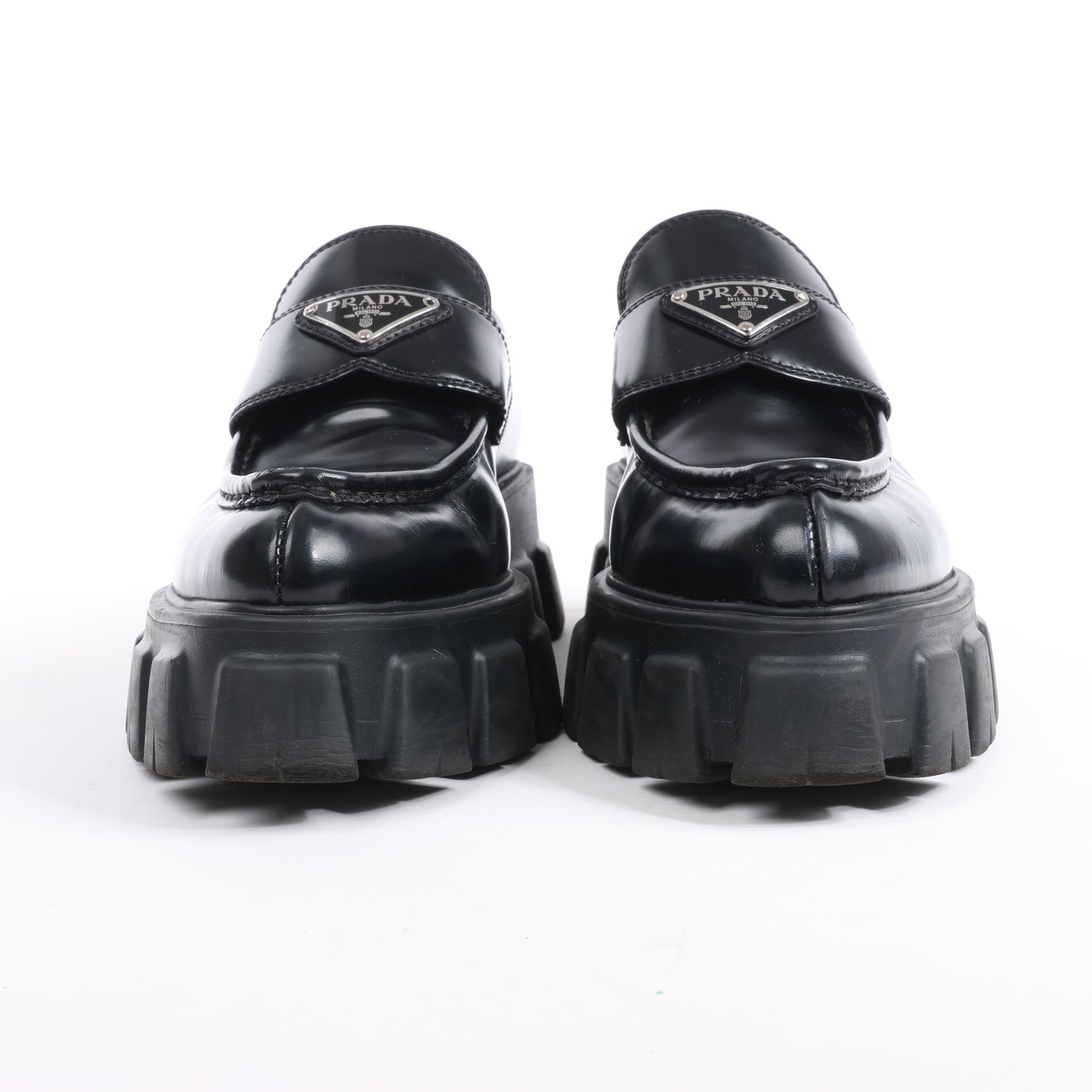 PRADA Spazzolato Triangle Logo Monolith Pointy 55mm Loafers in Black, Size 38.5 EU