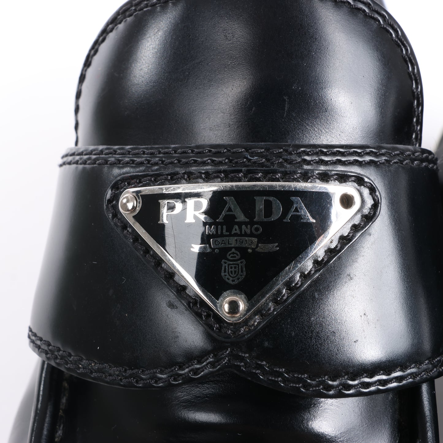 PRADA Spazzolato Triangle Logo Monolith Pointy 55mm Loafers in Black, Size 38.5 EU