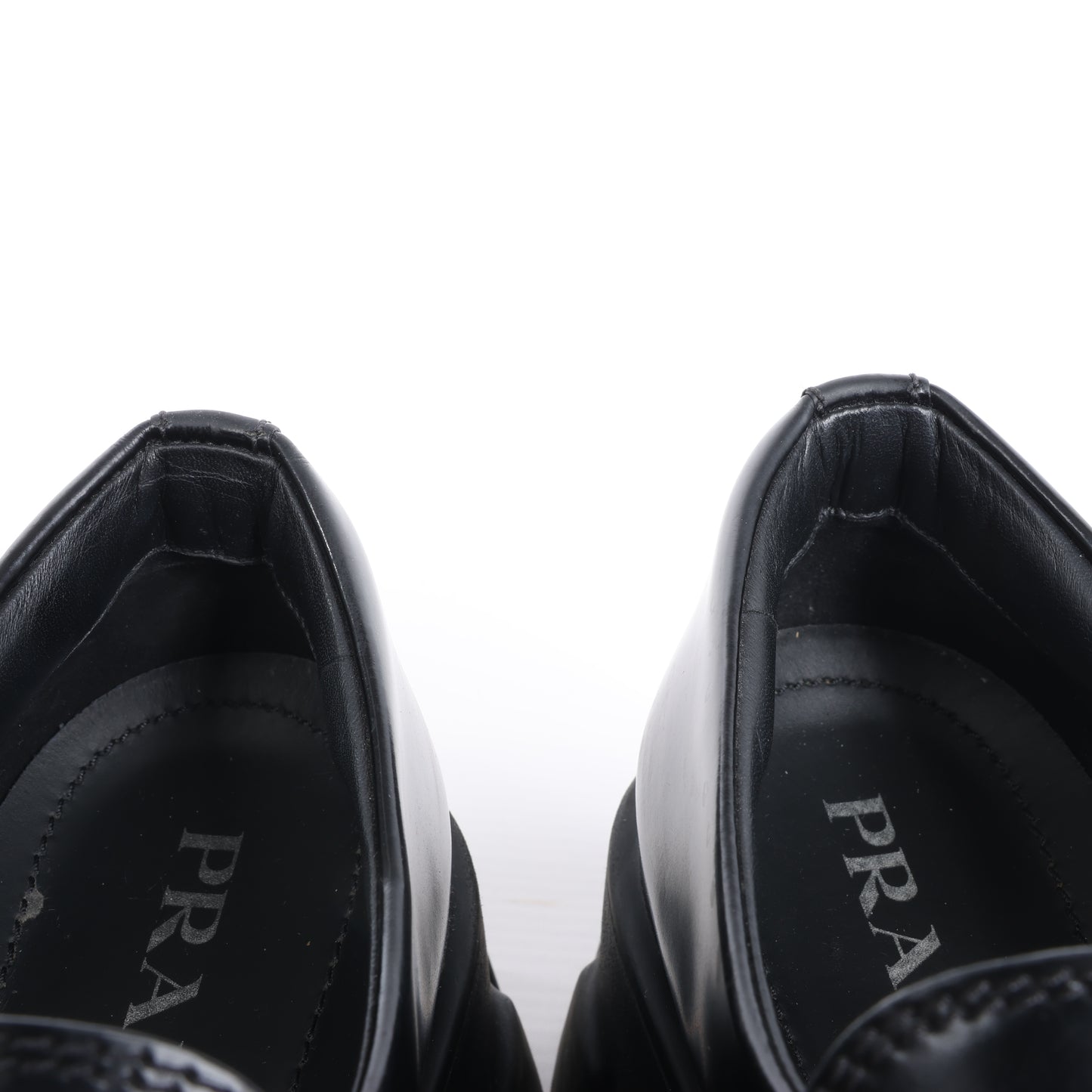 PRADA Spazzolato Triangle Logo Monolith Pointy 55mm Loafers in Black, Size 38.5 EU